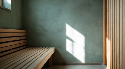 An empty sauna room featuring a wooden bench and a soft stream of natural light coming through the window, creating a serene and calming atmosphere.