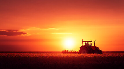 Fototapeta premium A lone tractor silhouetted against a vibrant sunset, working a field of golden grain. The image evokes hard work and the beauty of rural life.