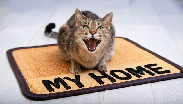 Eine Katze auf einer Fu&szlig;matter mit der gestickten Aufschrift "My Home" bleckt wie ein Wachhund die Z&auml;hne.