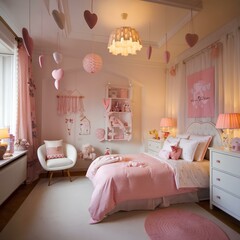 Wide angle image of the dream bedroom of many girls. The room is decorated in soft white tones and cute decorations. The room was lit with warm lamps.