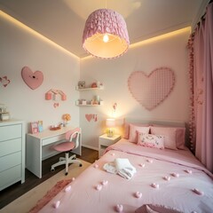 Wide angle image of the dream bedroom of many girls. The room is decorated in soft white tones and cute decorations. The room was lit with warm lamps.