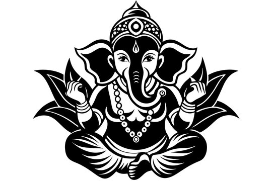 black and white ganesha sitting on lotus clip art preview