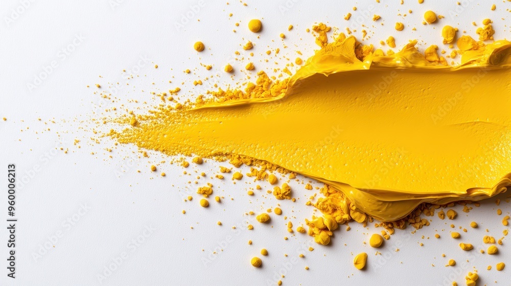 Poster the image features a bold smear of yellow paint against white canvas, accompanied by small splatters