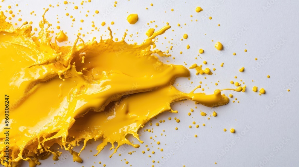 Poster a vivid splash of yellow paint on white canvas forms a dynamic abstract composition, capturing the e