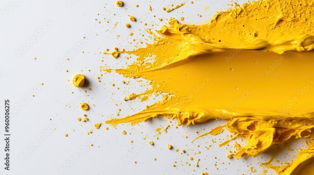 Poster this image captures the vibrant energy of yellow paint spread across a white canvas, with scattered 