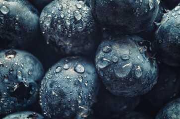 Fresh blueberries background. Macro photo. Water drops on ripe purple blueberry.Vegetarian concept.