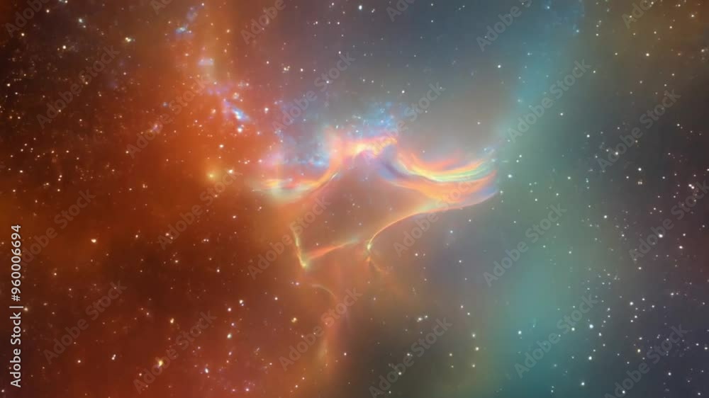 Poster nebulae clouds twisting into abstract shapes, creating a dynamic galaxy with shifting colors and lig