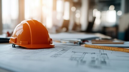 An orange construction helmet sits on top of detailed blueprints, surrounded by sunlight in a bright and modern office, symbolizing engineering and construction projects.