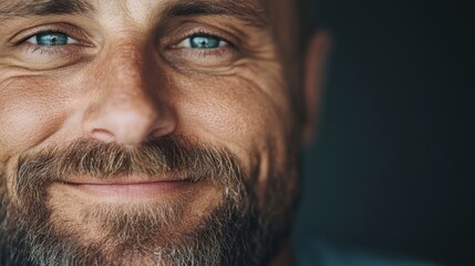 Fototapeta premium A cropped, close-up shot of a bearded man with a hint of a smile, touching his chin thoughtfully, presenting an image of contemplation, wisdom, and reflective calmness.