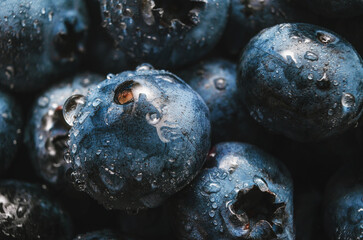 Macro of fresh blueberry background. Crystal drops of water on purple blueberry. Vegetarian concept.