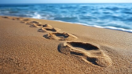 Footprints in the Sand on a Beach with Blue Water