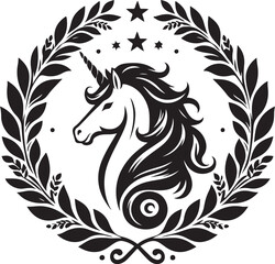 Obraz premium unicorn laurel wreath,elegant vector style,silhouette vector,black and white color