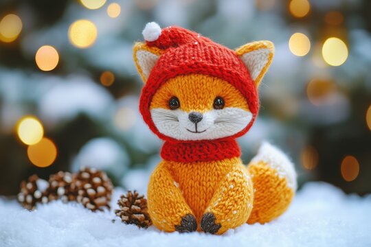 Knitted fox in red hat  -  cute hand made toy christmas gift, background with copy space. 