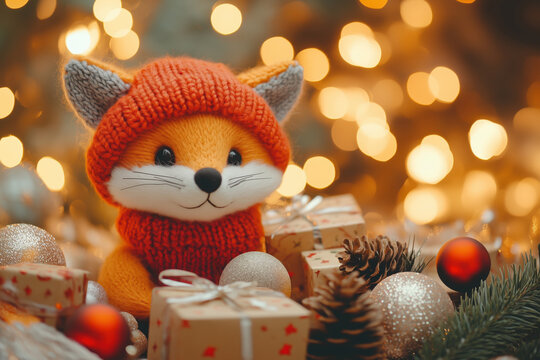 Knitted fox in red hat  -  cute hand made toy christmas gift, background with copy space on the right.