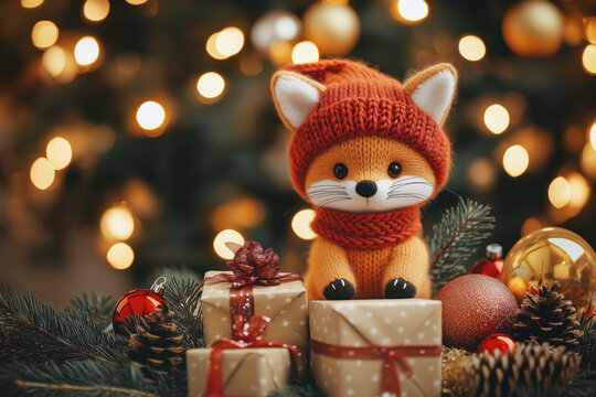 Knitted fox in red hat  -  cute hand made toy christmas gift, background with copy space on the left.