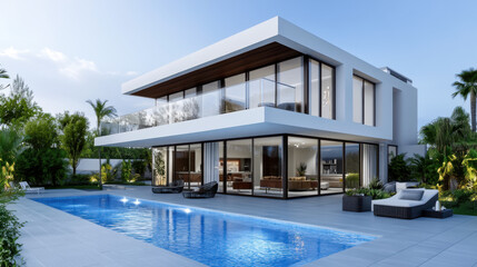 Fototapeta premium Contemporary luxury villa featuring large glass windows and an outdoor swimming pool, surrounded by lush greenery and clear skies.