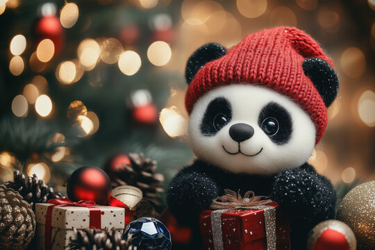 Panda hand made toy - knitted cute animal in red hat  for the christmas  gift,  background  with copy space on the left.