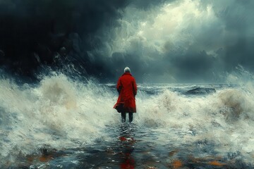 Fototapeta premium solitary figure in vivid red coat stands defiantly against turbulent seascape crashing waves and moody sky