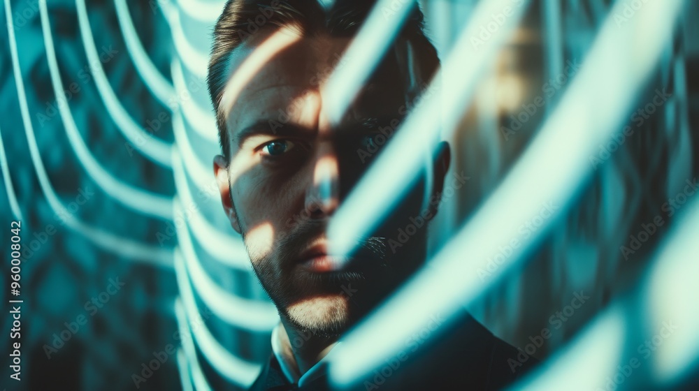 Poster a portrait of a man with dramatic lighting and abstract patterns casting shadows on his face. the im