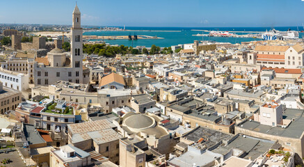 Aerial view of Basilica of Saint Sabinus and the Norman-Swabian castle located in Bari, Puglia, Italy. They are located in the historic center of the city, near the city port. Bari, Italy - 09 05 2024