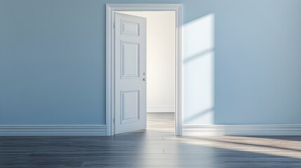 Fototapeta premium Open Doorway, Blue Wall, Wooden Floor, Interior Design
