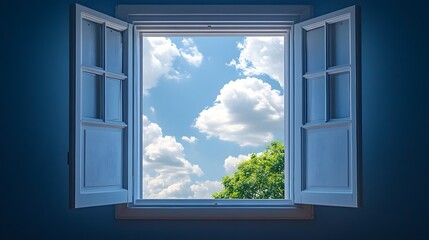 Open Window View of Blue Sky, Clouds, and Green Tree