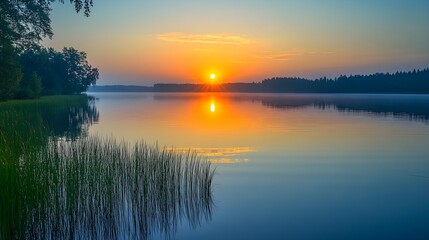 Obraz premium Serene Sunset Reflection on Calm Lake Water