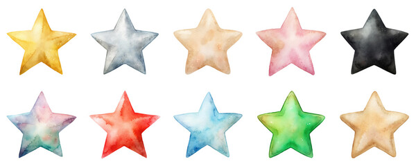 Colorful stars in a variety of bright shades depicted in soft watercolor illustration set. Objects in vibrant pastel tones isolated on transparent background.