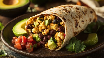 A vibrant vegan breakfast burrito bursts with flavor, featuring a filling of scrambled tofu, black beans, and avocado. Served with fresh salsa and lime, this meal is perfect for a wholesome start