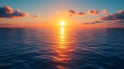 Obraz premium Sunset Over Ocean, Calm Sea & Golden Sky