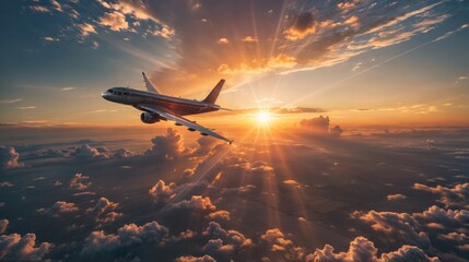 An airplane soars above the clouds during sunset, with dramatic rays of light piercing through, creating a breathtaking and adventurous scene..