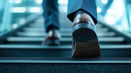 A professional businessman, captured from behind, is seen ascending a set of stairs in a modern business environment, symbolizing progress, ambition, and forward movement.