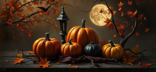 Halloween themed still life photography composed of pumpkins, candles and maple leaves. Ai Intelligence Generation. Ai Intelligence Generation.