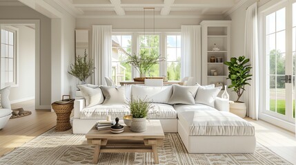 Fototapeta premium A living room with a white sectional sofa, a coffee table, and plants.