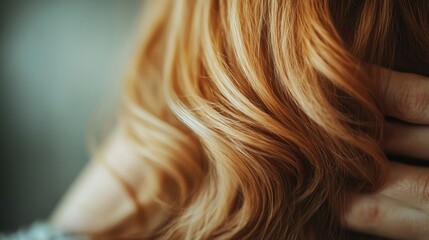 A detailed close-up shot of red wavy hair being gently held by a hand, capturing the texture, color, and beauty of the hair, conveying warmth, sensuality, and human touch.