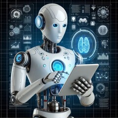 Ai robot using tablet isolate on transparency background PNG
