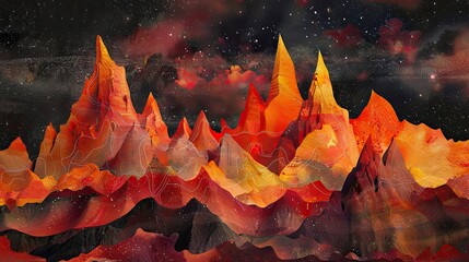 Jagged flame-like peaks and valleys in red orange and yellow against a starry sky