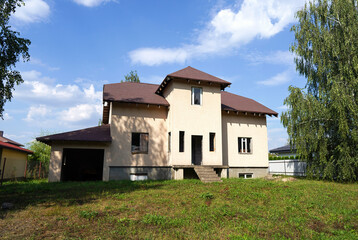 Abandoned house, cottage, villa. Suburb House construction. Abandoned Home outside city. Unfinished...