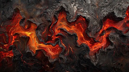 Waves of molten lava in vibrant reds and oranges flow against dark volcanic textures
