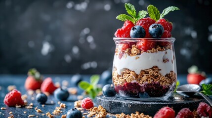 A vibrant vegan breakfast parfait is prepared with layers of creamy yogurt, granola, and fresh berries, creating a nutritious and appetizing morning treat