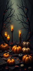 Obraz premium Halloween themed still life photography composed of pumpkins, candles and maple leaves. Ai Intelligence Generation. Ai Intelligence Generation.