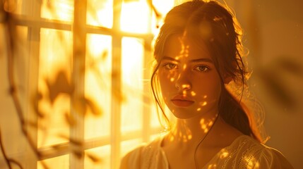 Stunning Indoor Portrait of Girl in Sunlight: A Radiant and Beautiful Vision. Showcasing Grace and Charm.