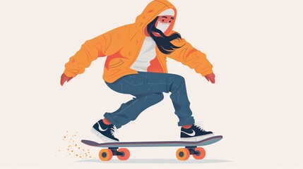 Fototapeta premium Young woman playing skateboard on white background. Vector illustration in a flat minimalistic style.