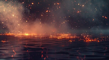 A dark misty background with glowing embers floating for a dreamy atmosphere