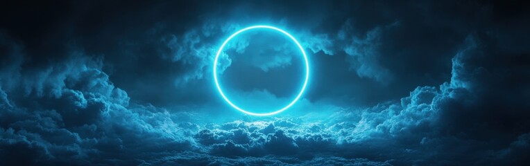 Neon Ring in Stormy Clouds Futuristic Night Sky