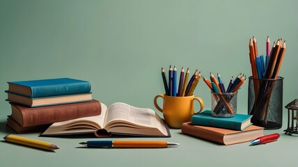 Study desk with open book and stationery for learning with soft background