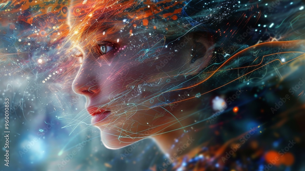 Poster a striking profile of a woman intertwined with dynamic digital elements and vibrant colors, creating