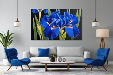 Vibrant Blue Iris Oil Painting on Light Gray Canvas for Elegant Wall Decor