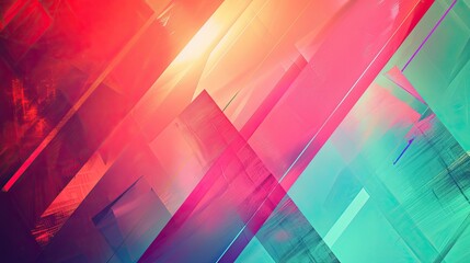 Fototapeta premium Fiery red electric blue and neon green blend into bold angular shapes in retro backdrop