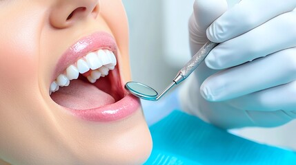 Close-up of a dentist examining a patient's teeth with dental instruments. Clean and healthy white teeth in a dental clinic.